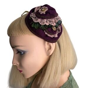 Handmade Fascinator Pillbox Style Purple Lace Feather Victorian Steampunk OS